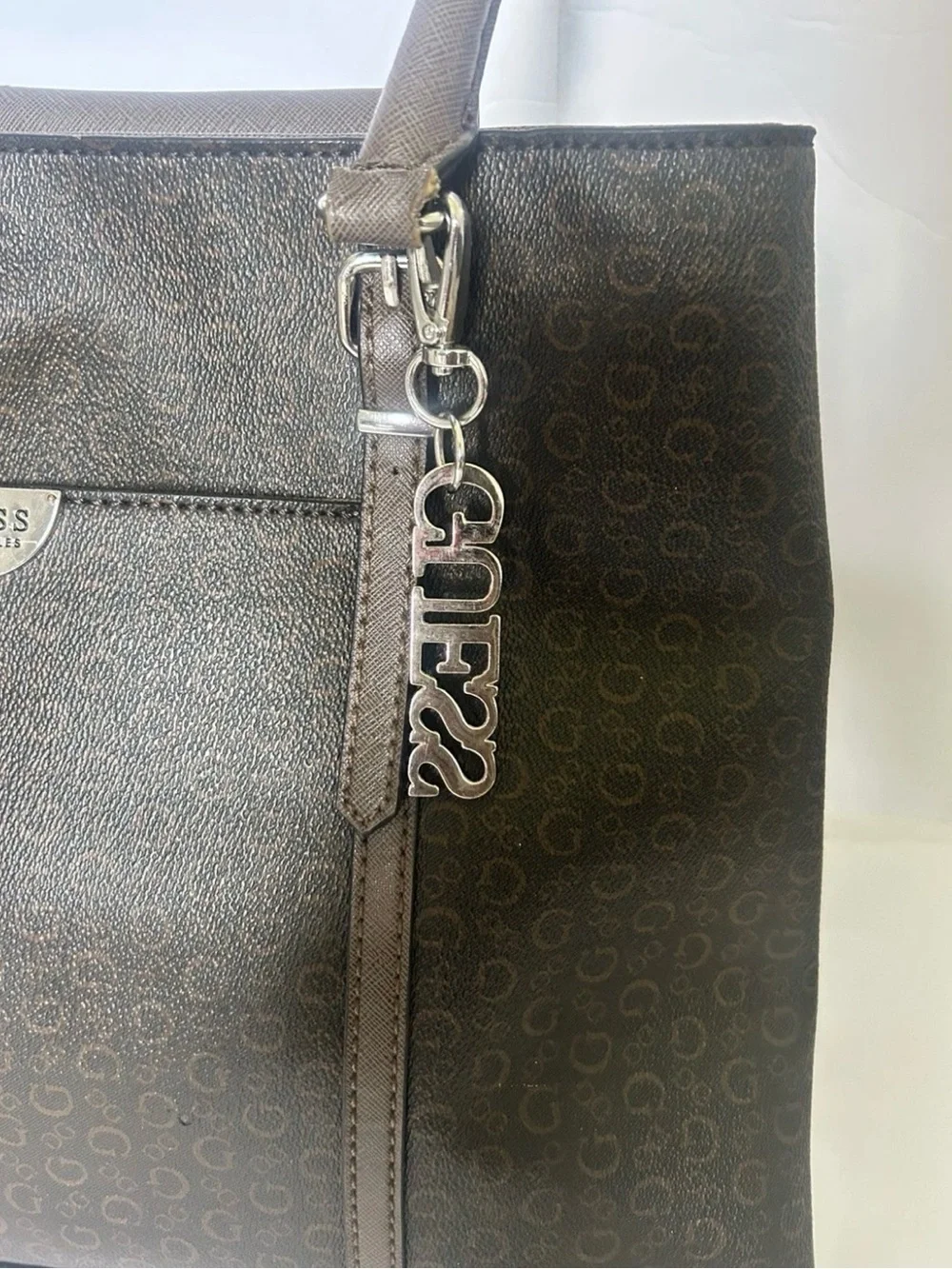 GUESS Brown Logo-Print Tote with Silver Logo Charm